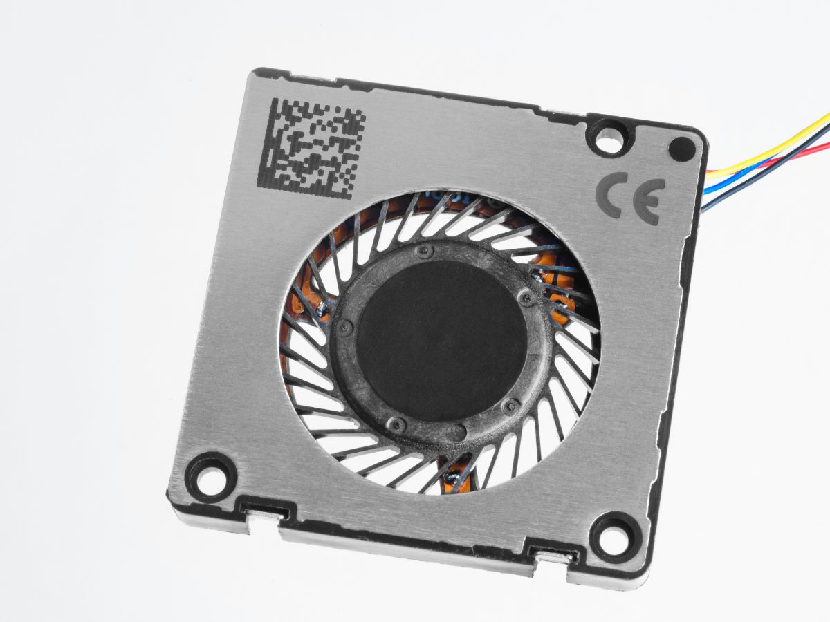 Laser DataMatrix code on a brushed-metal electronic component